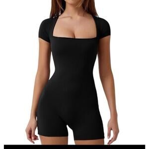 Black Bodysuit Women's L Square Neck Short Sleeve Shorts Qinsen